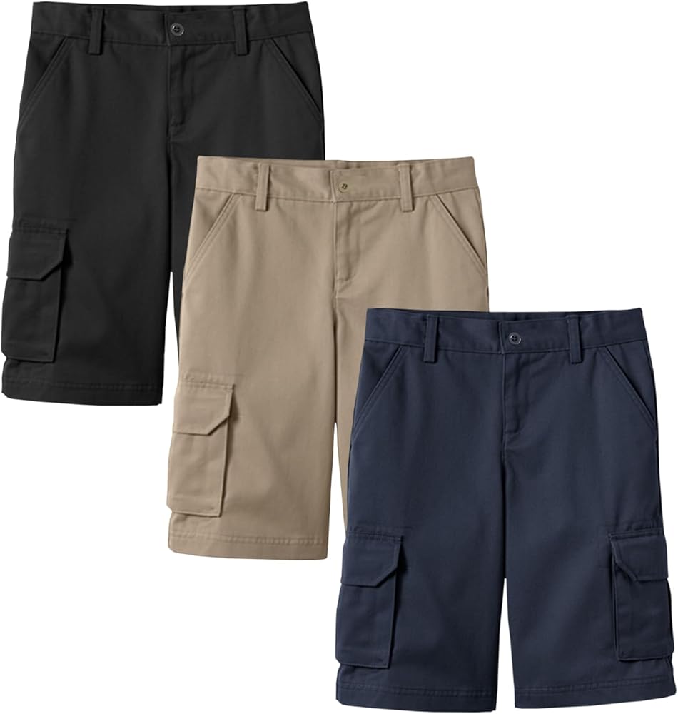 3-Pack Boys Cargo Stretch Shorts, Casual Cotton Blend Short with Multi Pocket for Outdoor, Camping, Hiking, (Sizes, 8-18)