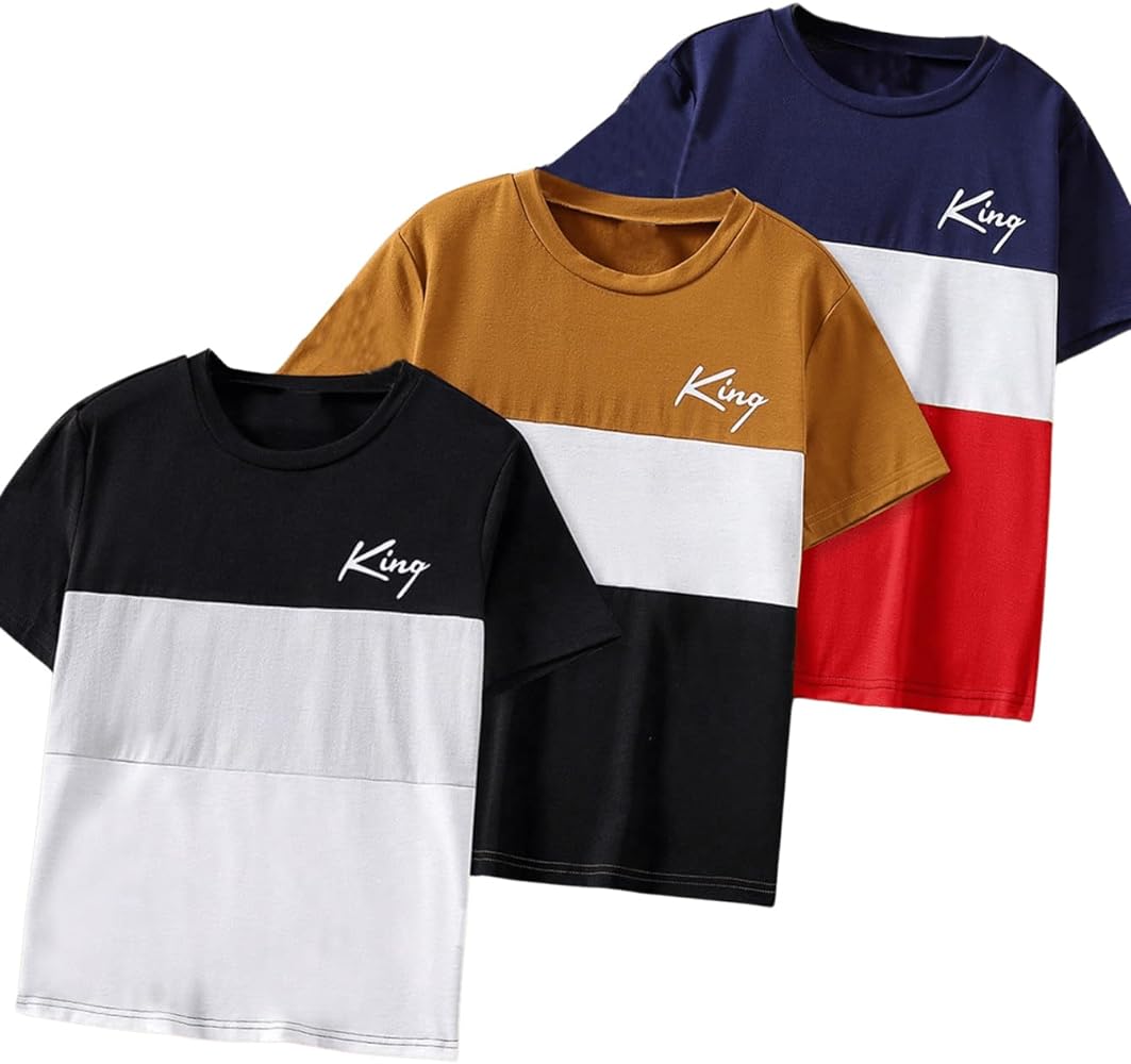 SOLY HUX Boy's 3 Piece T Shirt Color Block Letter Print Tee Short Sleeve Round Neck Summer Tops