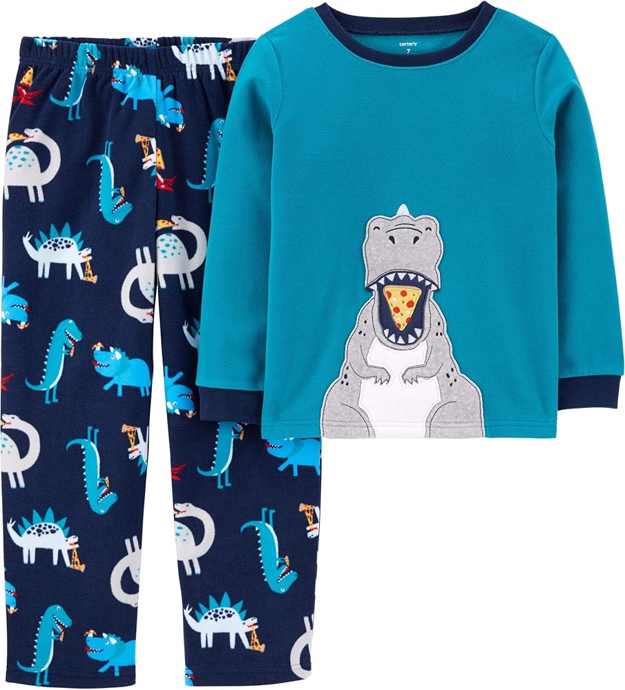 Carter's Boys' 2-Piece Fleece Pajamas (14, Blue/Heather/Dinosaur)