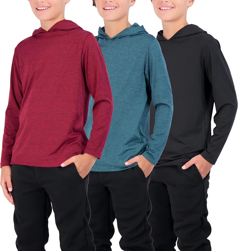 Real Essentials 3 Pack: Dry-Fit Youth Boys Teen Active Long Sleeve Hoodie Sweatshirts - Hooded Pullover Shirts