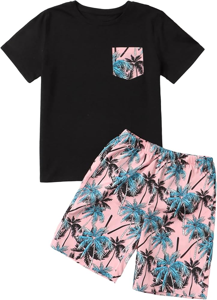 Verdusa Boy's 2 Piece Sets Tropical Print Round Neck Short Sleeve Tee Top with Shorts