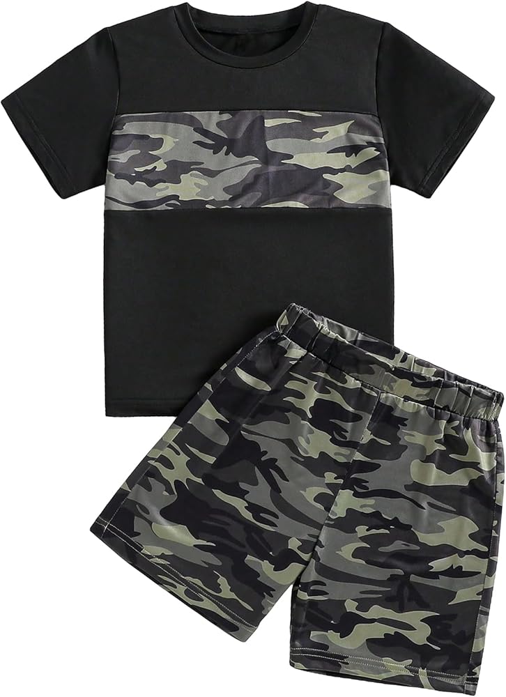 Boy's 2 Piece Camo Pattern Short Sleeve Round Neck Pullover Tee Top and Track Shorts Sets