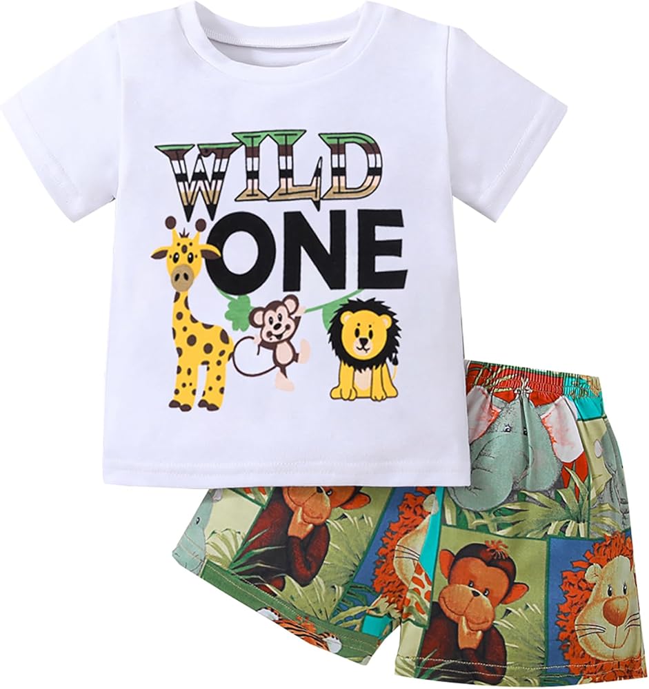 Toddler Baby Boys Birthday Outfit Wild 1 2 3 4 Years Old Birthday Cake Smash Clothes Animal T-shirt and Shorts Set