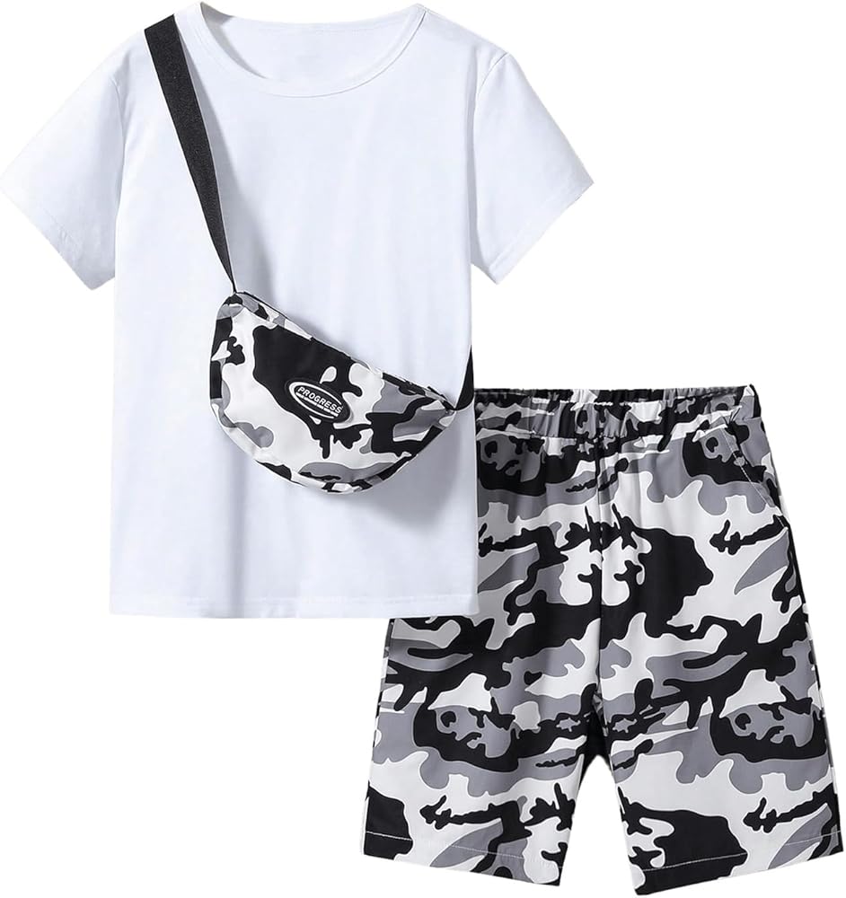 SweatyRocks Boy's 2 Piece Outfits Crew Neck Short Sleeve T Shirt and Camo Print Shorts Set with Shoulder Backpack