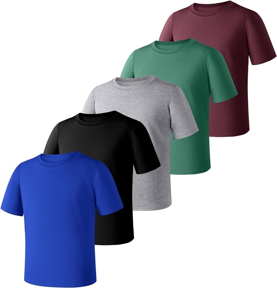 5 Pack Boys Dry Fit Athletic Shirts Mesh Rash Guard Short Sleeve T-Shirt for Boys Kids Soccer,Basketball,Swim