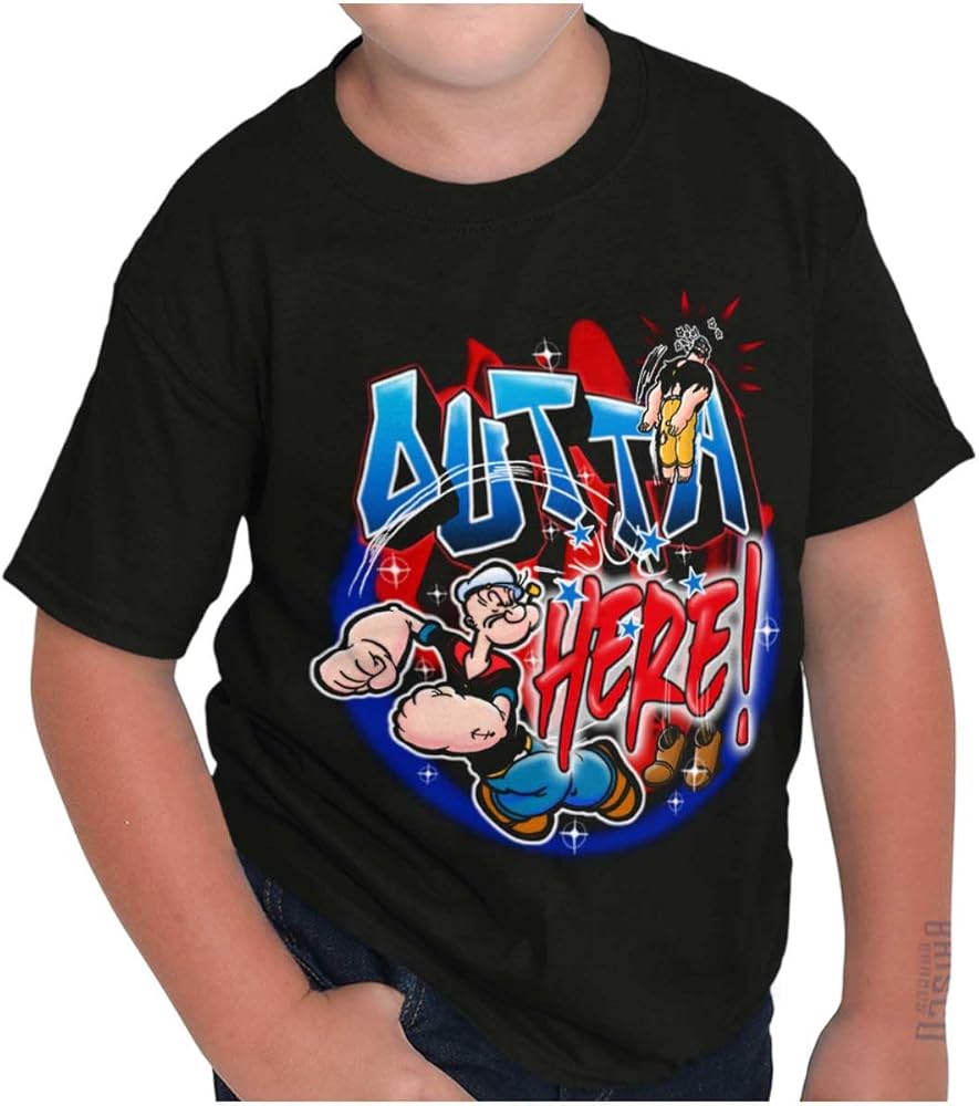 Airbrushed Popeye Cartoon Outta Here Boys Kids T Shirt Tees Tops