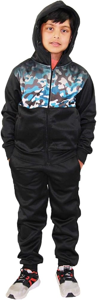 Kids Boys Girls Tracksuit Camouflage Panelled Hooded Top & Bottom Jogging Suits