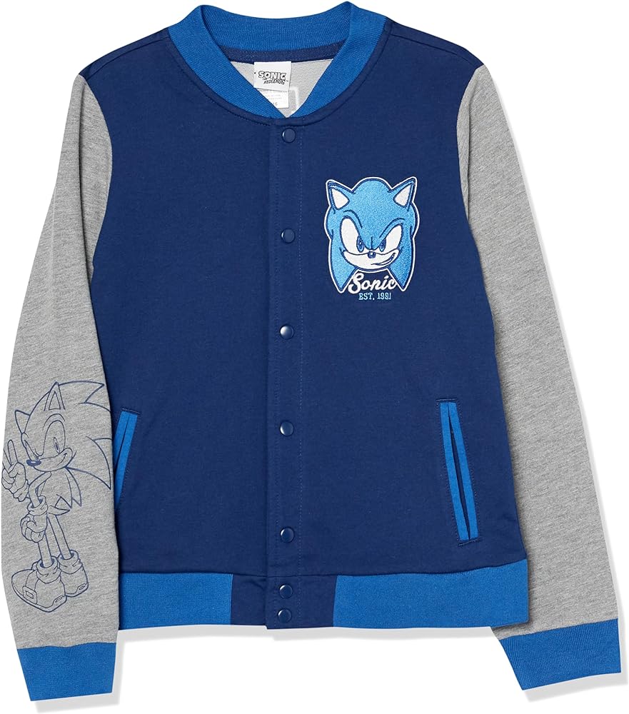 SEGA Boys' Sonic The Hedgehog French Terry Button Up Varsity Bomber Jacket Toddler to Big Kid