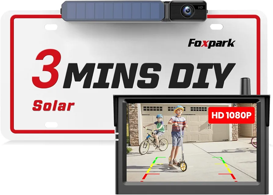 Solar Wireless Backup Camera with HD 1080P 5" Monitor,3 Mins DIY Installation, IP69K Waterproof Back Up Camera Systems, Support 2 Channels Reverse Camera for Car, Truck, Trailer, Van, RV