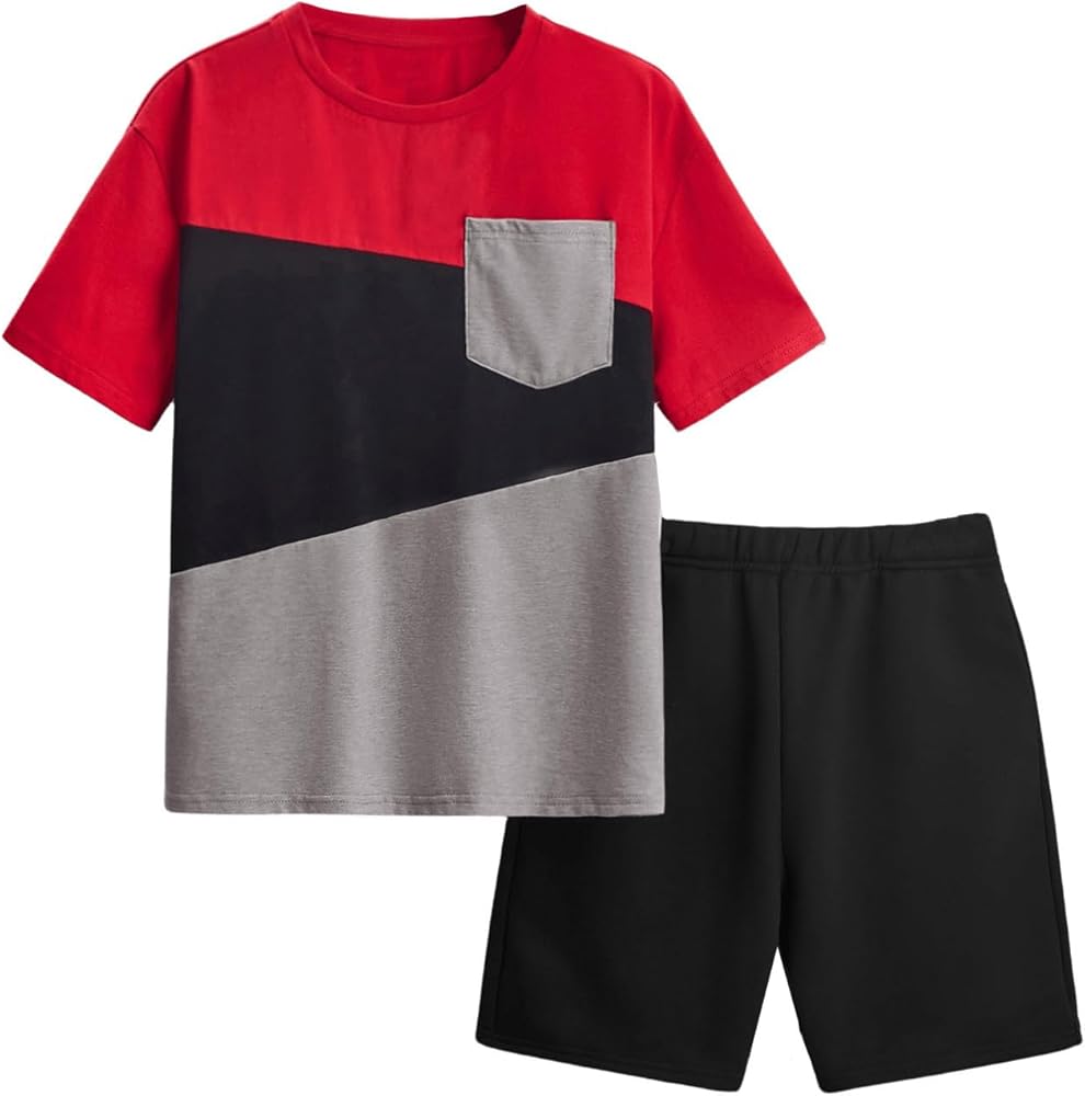 SweatyRocks Boy's Colorblock 2 Piece Outfits Round Neck Short Sleeve Tee Top and Shorts Set