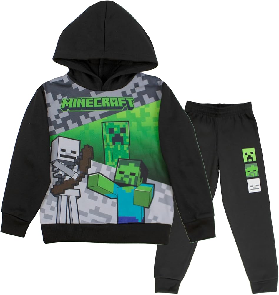 Minecraft Boys 2 Piece Fleece Pants Sets, Pullover Hoodie and Jogger Set for Boys