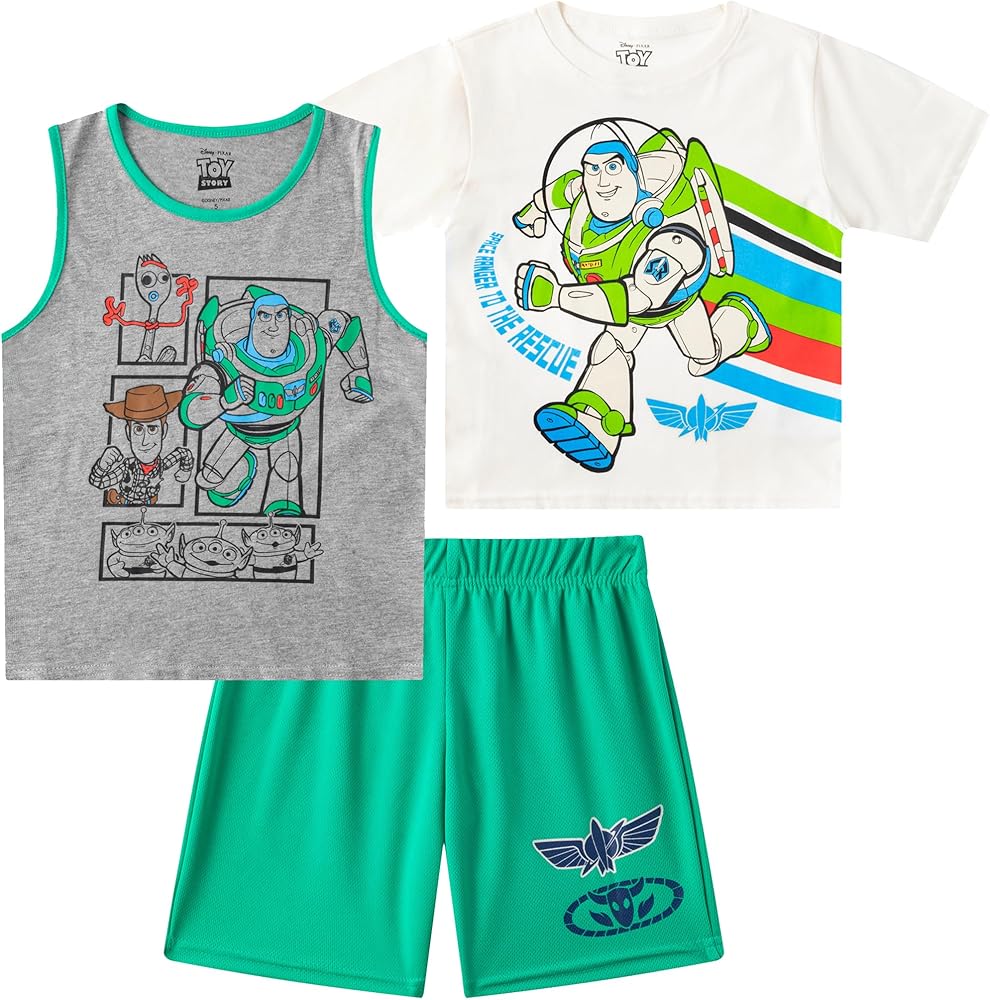 Disney Toy Story Boys Short Sleeve T-Shirt, Tank Top, and Shorts 3-Piece Set For Toddler and Big Kids