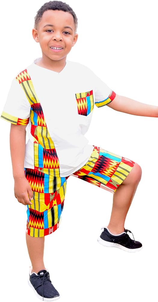 SHENBOLEN Boy African Print Kente Kids Ankara Suit African Ghana Tribal Clothing