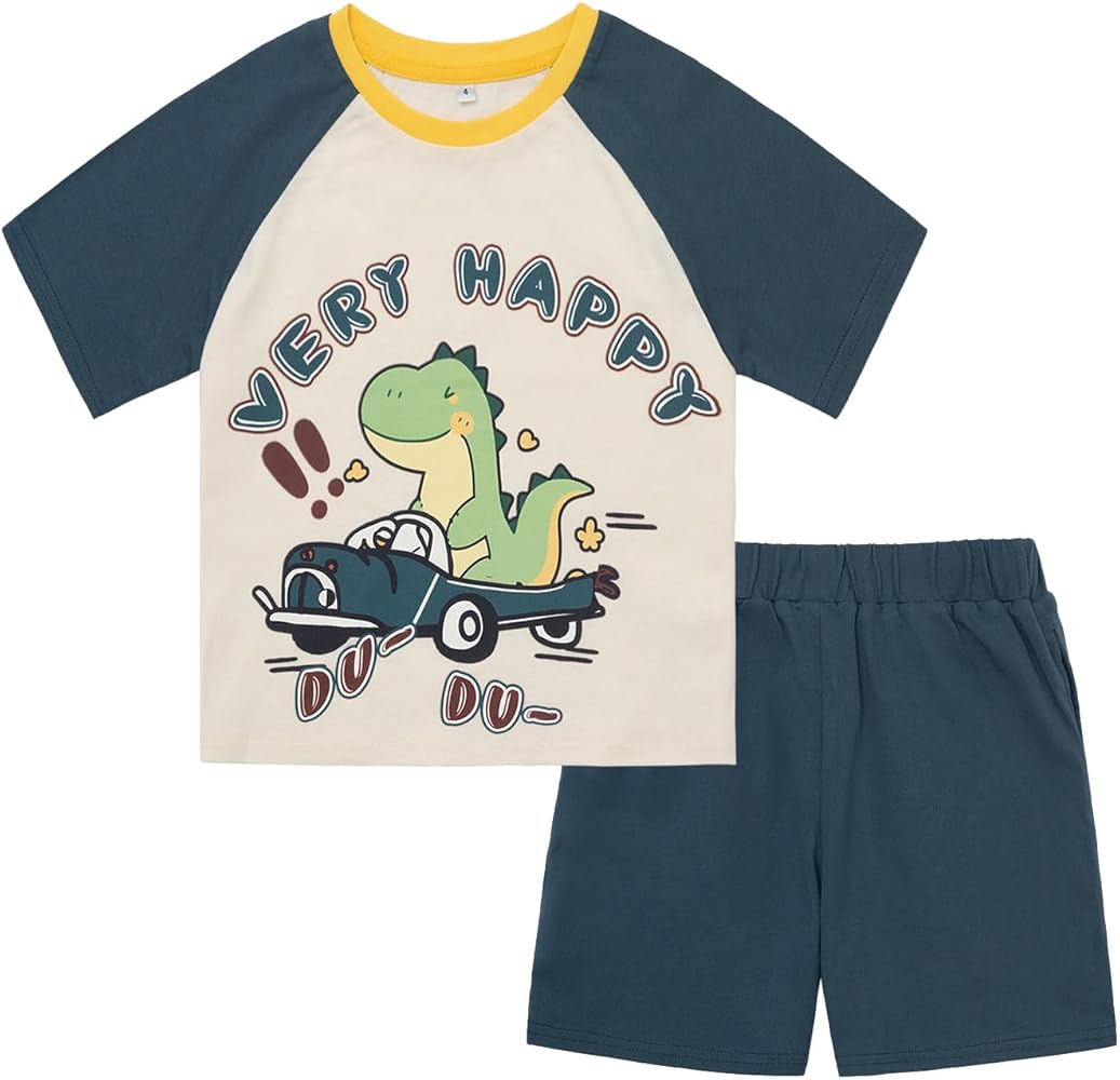 Boys 2-Piece Clothes Summer Outfits Dinosaur Graphic Short Sleeve Shirt and Shorts Set Age 2-7Y