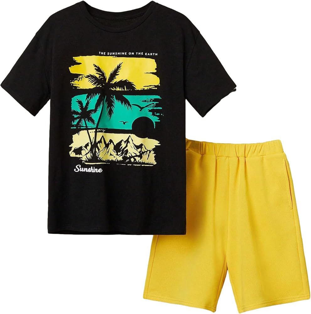 Verdusa Boy's 2 Piece Outfits Tropical Print Short Sleeve Tee Top and Shorts Set