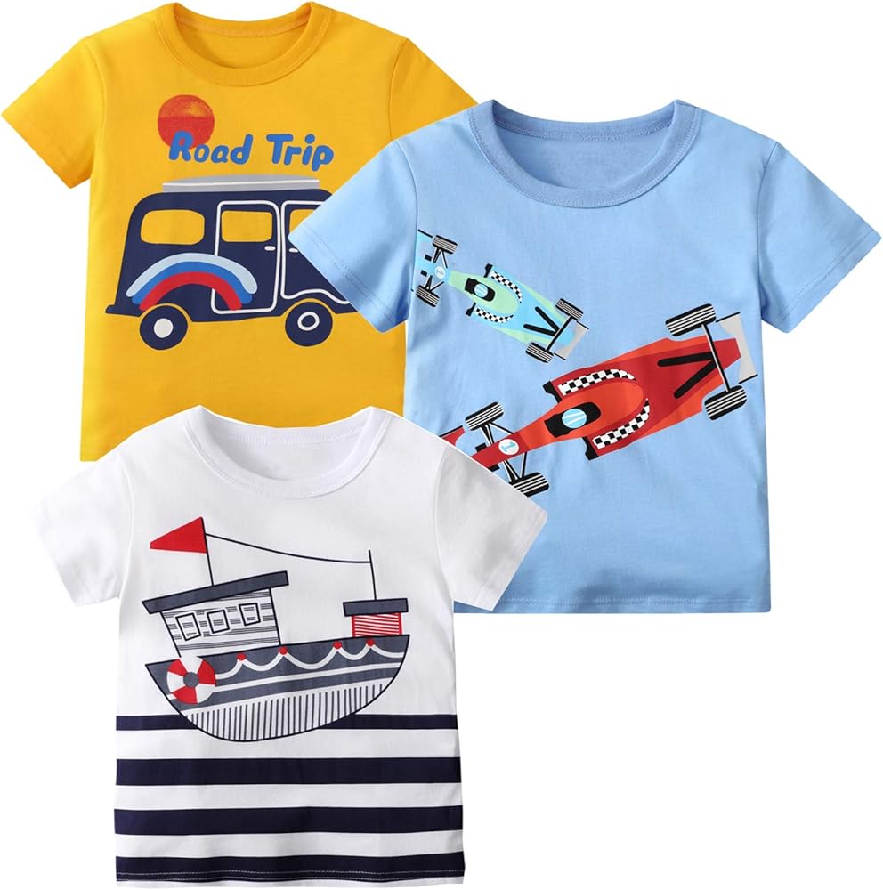 Boys' 3-Pack Short-Sleeve Tee Shirt Cotton Cartoon Crew Top Clothing Shirt Size 6