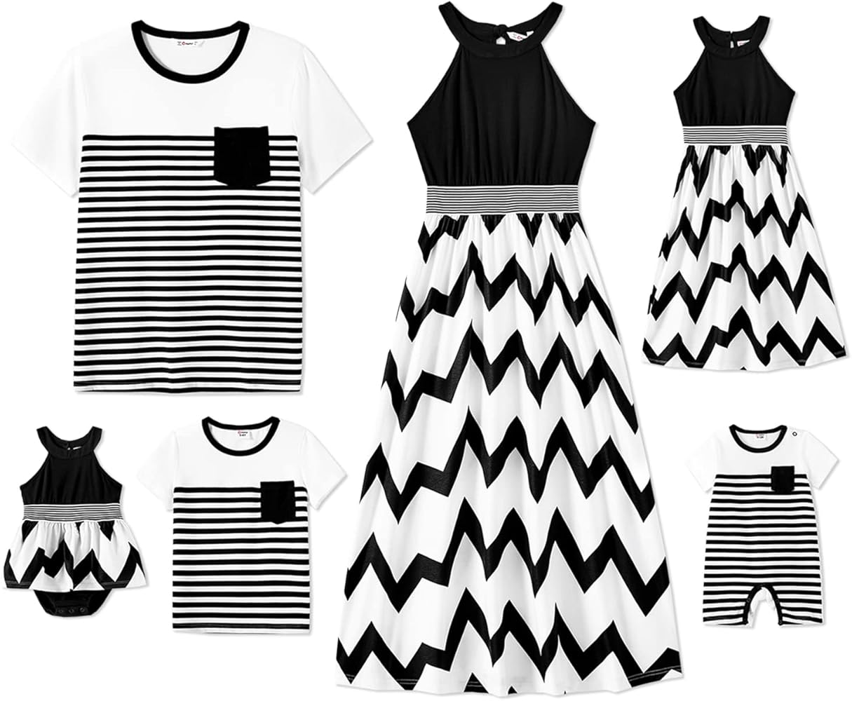 PATPAT Family Matching Outfits Mommy and Me Dress Striped Maxi Dresses and Short-Sleeve T-Shirts Set