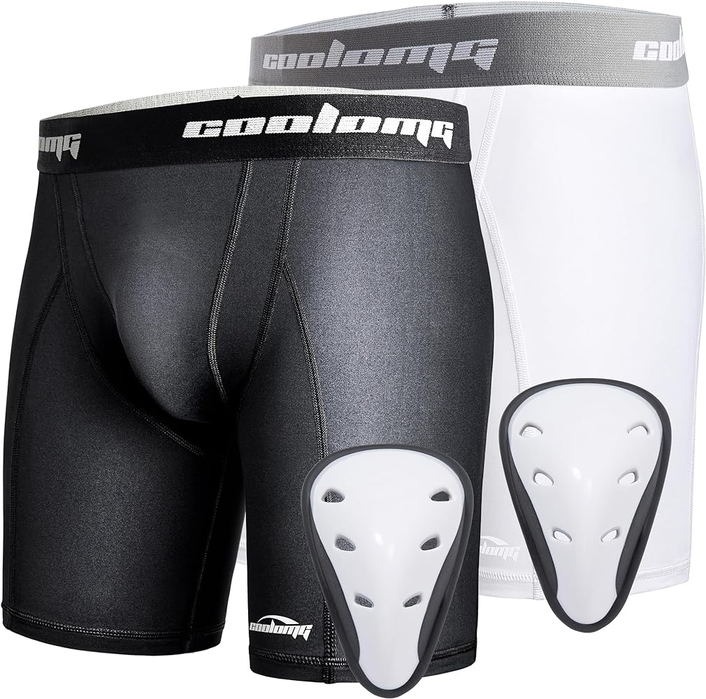 COOLOMG Youth Boys Compression Shorts with Athletic Cup 2-Pack for Baseball Football Lacrosse