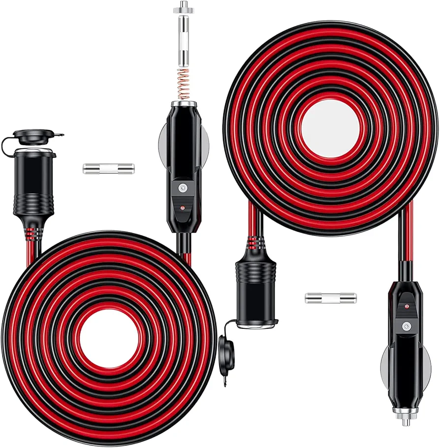 2PCS 26FT 12V/24V Heavy Duty Cigarette Lighter Extension Cable 16AWG, 156W/15A Male Plug to Female Socket Adapter Extension Cord with 2*20A Fuse and LED Lights for Inflator, Tire Pump, Air Compressor