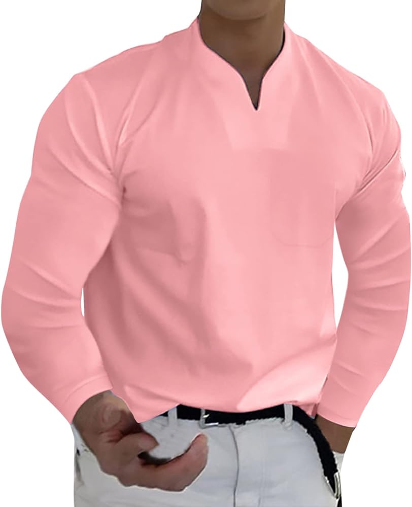 Men Spring Spring &Winter Casual V Neck Solid Long Sleeve Tee Shirt Top Blouse Boy Indoor Slipper FFFG Pink