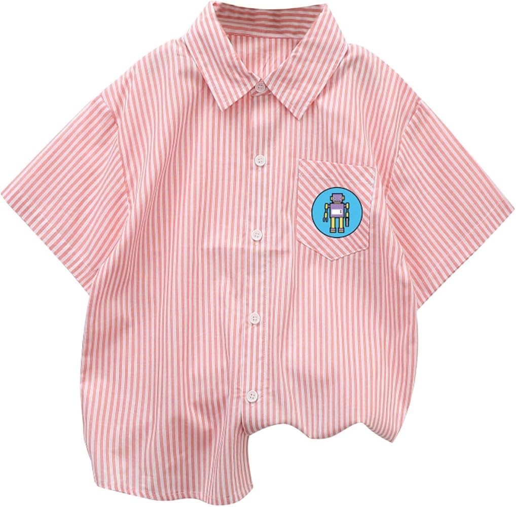 KAGAYD Little/Big Boy's Button Down Stripes Shirts Short Sleeve Cartoon Print Dress Tops T-Shirt for Kids 1~8T