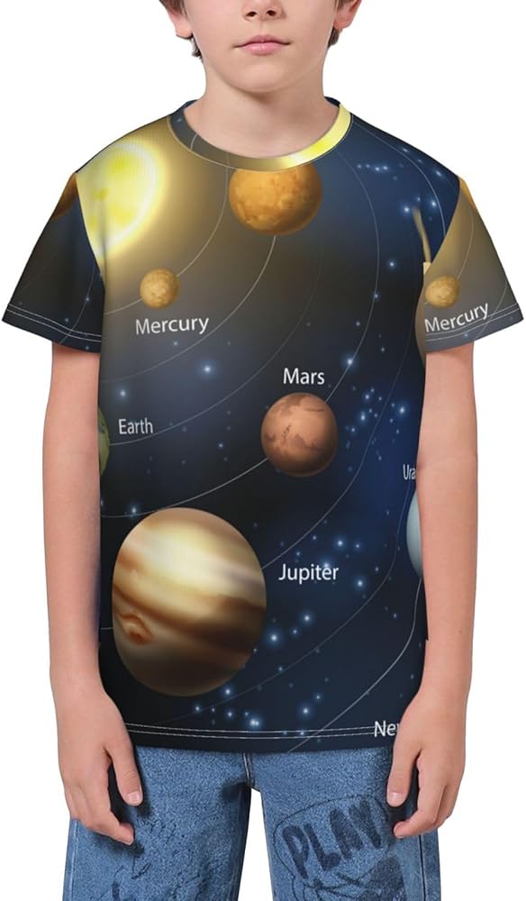 Solar System Sun Planets Orbit Teen Boys Short Sleeve Crew Neck T-Shirt Casual Tee Tops for Youth Kids