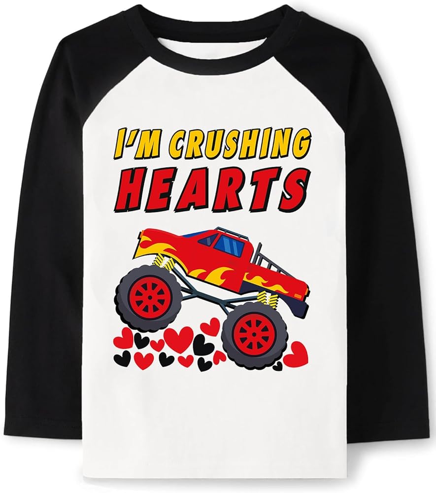 Tkria Boys Girls Valentine Day Shirts Raglan Long Sleeve Monster Truck Dinosaur Candy Love Heart Tops for Kids 2-10T