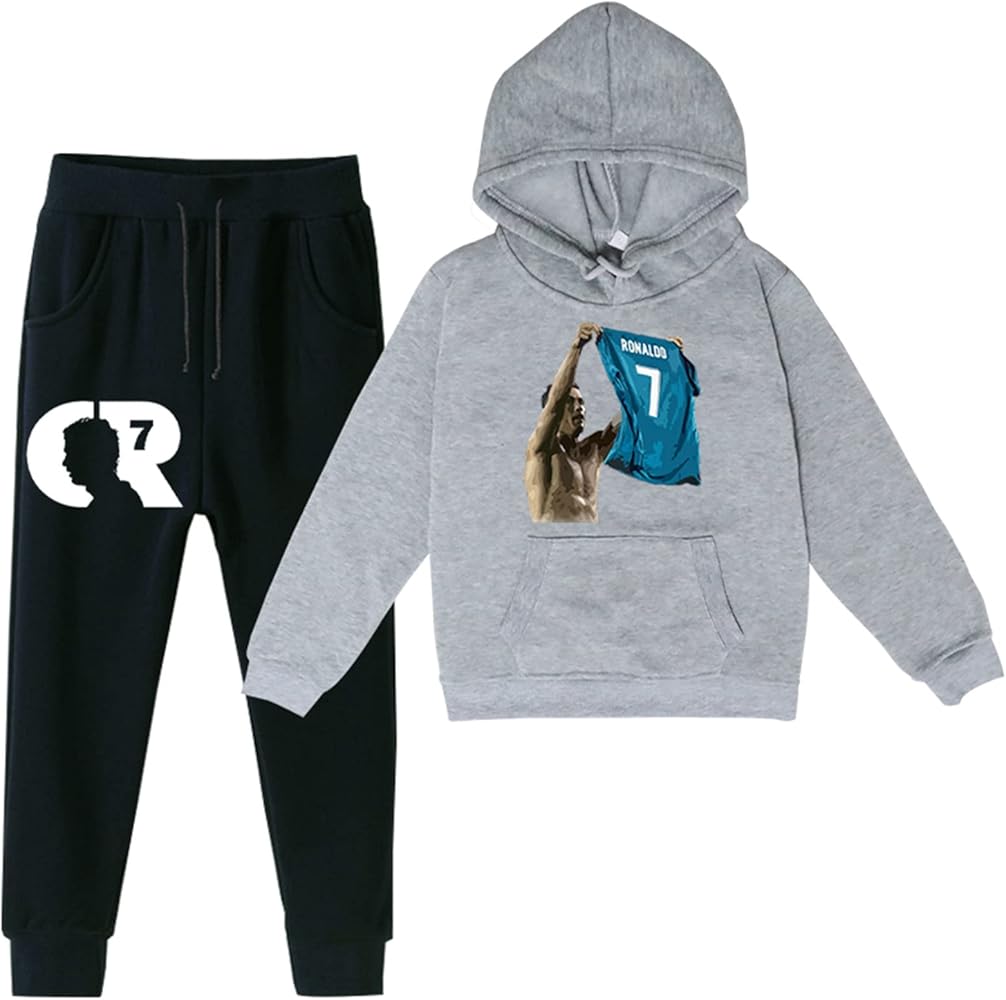 Kids Child Pullover Tops Fleece-lined Hoodie and Sweatpants 2Pcs Suit,Ronaldo Hooded Tracksuit Long Sleeve Outfit