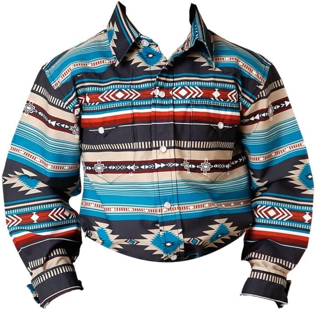 Roper Boys Kids Blue 100% Cotton Aztec Blanket Print L/S Shirt