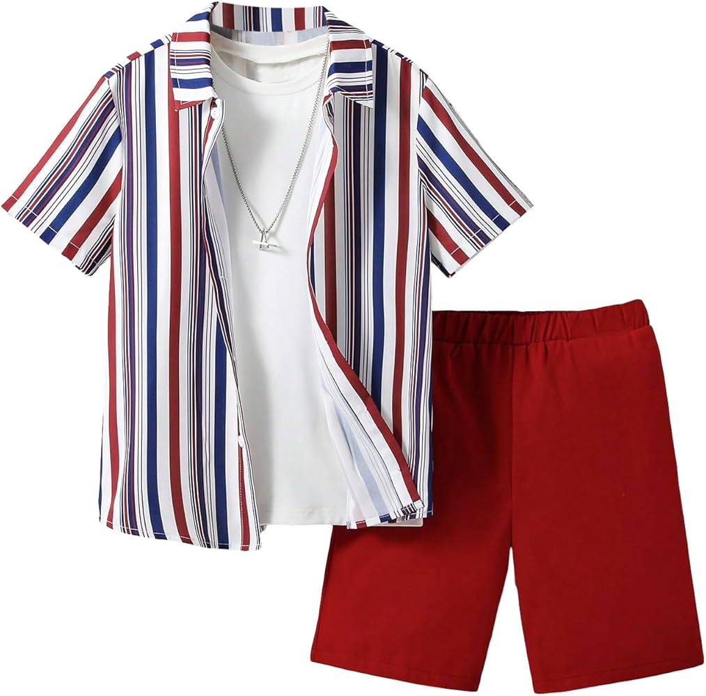 Floerns Boy's 2 Piece Outfit Striped Short Sleeve Button Down Shirt with Shorts Set