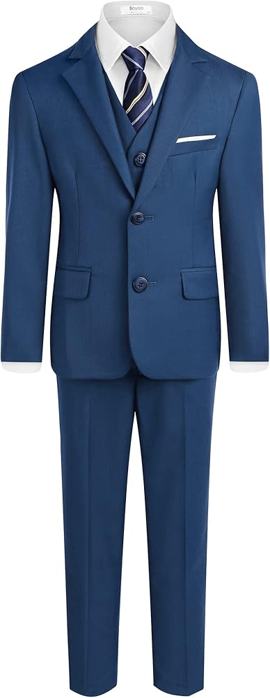 Boy's 4 Pieces Formal Suit Set Slim Fit Blazers Outfit with Jacket, Vest, Dress Pants and Tie for Kids Size 5-14 Years