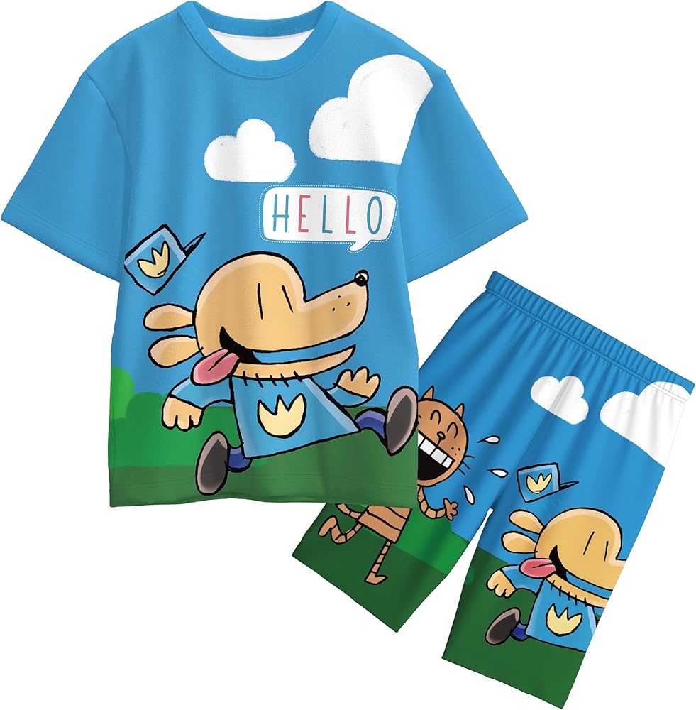 Dog Cartoon Man Pant set For Boys 2pc Short Sleeve Anime Print Shirt For Kids 4-12 Years