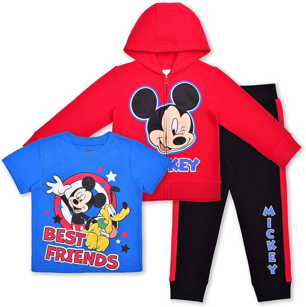 Disney Mickey Mouse Boys Zip Up Hoodie, T-Shirt and Pants Set for Toddlers and Little Kids