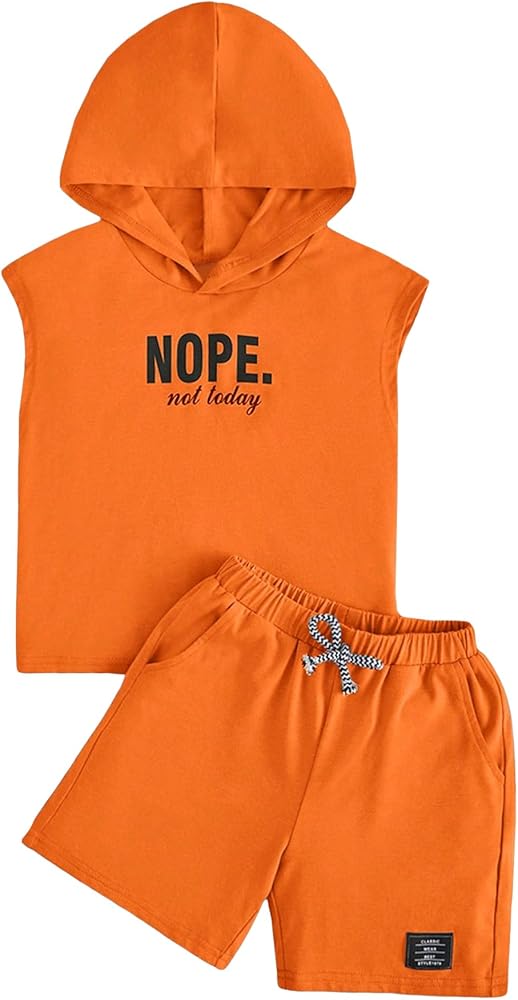 MakeMeChic Boy's 2 Piece Outfits Letter Print Sleeveless Hooded Tank Top and Drawstring Waist Shorts Set