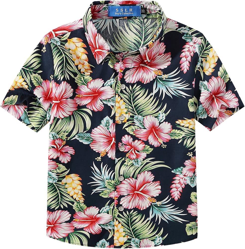 SSLR Big Boys Hawaiian Shirt Cotton Casual Short Sleeve Button Up Shirts