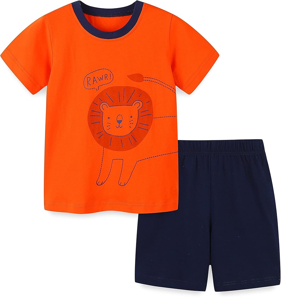 HILEELANG Little Boy Short Clothing Sets Outfits Summer Cotton Casual Orange Lion Tee Shirt Blue Shorts Playwear Set 5T