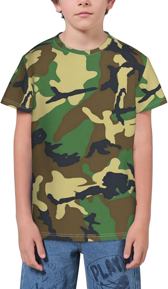 Green Camo Pattern Teen Boys Short Sleeve Crew Neck T-Shirt Casual Tee Tops for Youth Kids