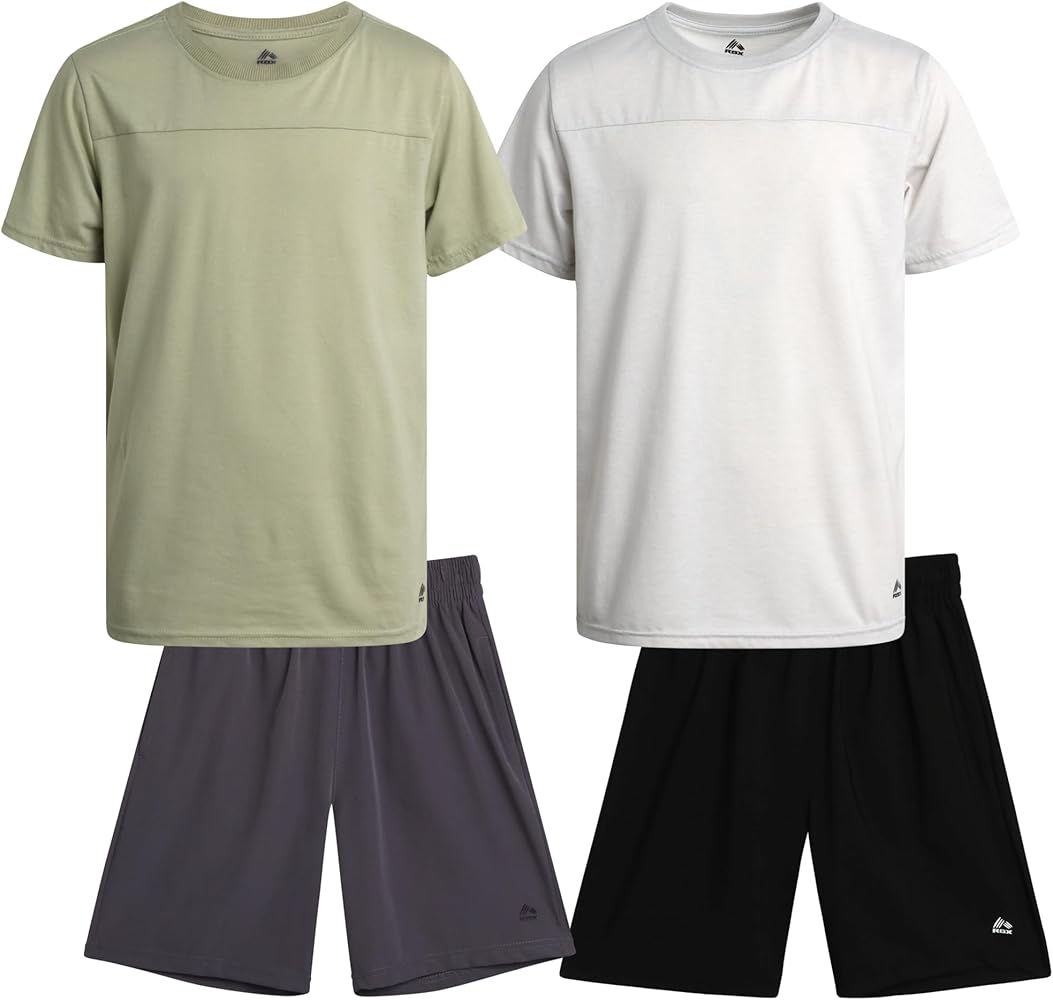 RBX Boys' Shorts Set - 4 Piece Active Short Sleeve T-Shirt & Tech Hybrid Shorts - Boy's Quick Drying Summer Clothing Set 4-12