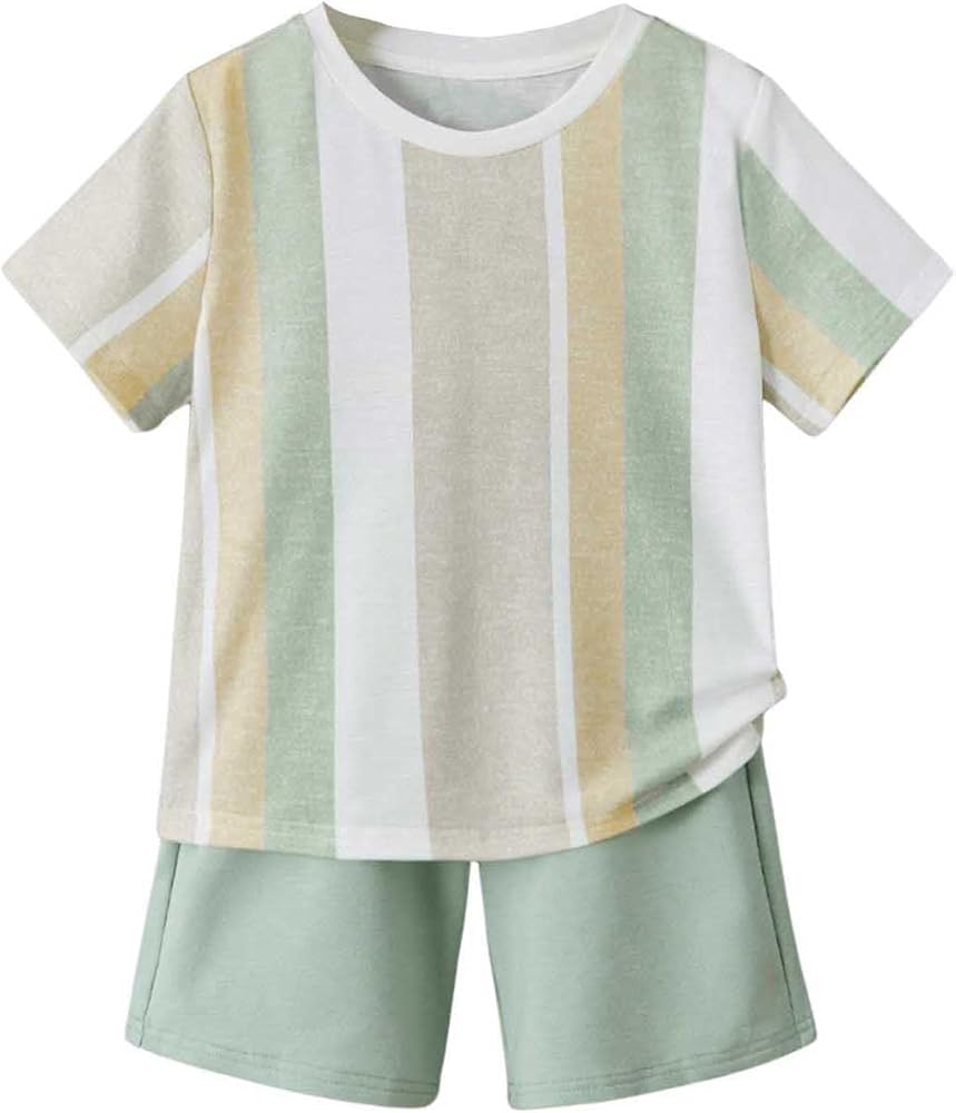 Floerns Toddler Boy's 2 Piece Outfit Striped Print Tee Top and Track Shorts Set