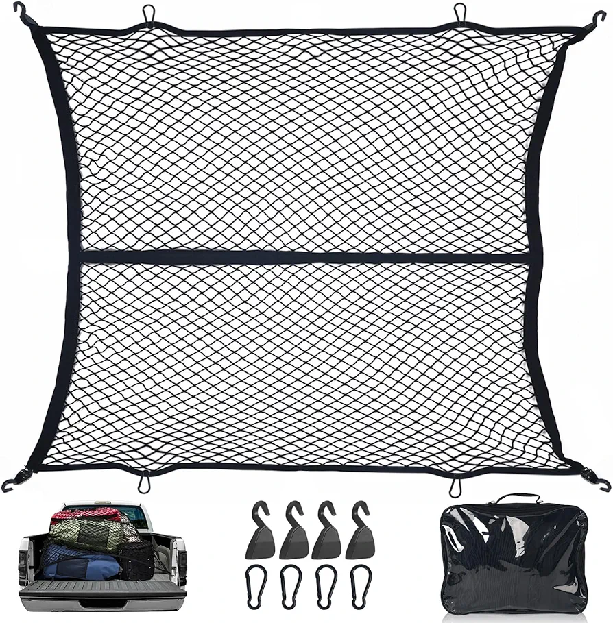 Cargo Net for Pickup Truck Bed,Truck Bed Net,Stretchable Mesh Organizer for Pickup Trunk Bed,Truck Cargo Net with 4 Pcs Metal Carabiner Clips and 4 Hooks，Suitable for Daily Light Loads of Trucks SUV