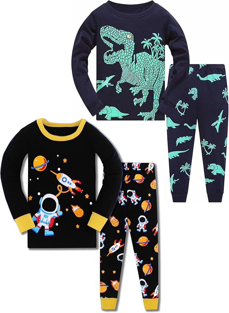 Pajamas for Boys Dinosaur Rocket Space 4-Piece PJs Long Sleeve Sets Sleepwear 2-12 Years