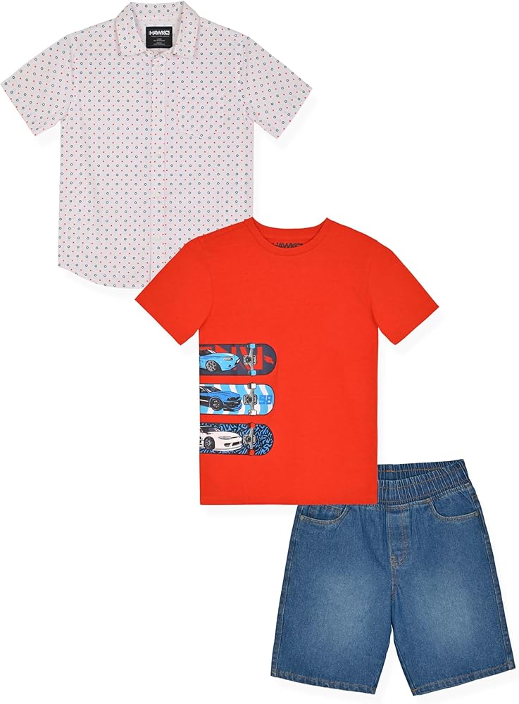 TONY HAWK 3 Piece Boys Short Sets - Boys Skateboard Tee Shirt Woven Short and Button Front Camp Shirt Set for Kids Clothing