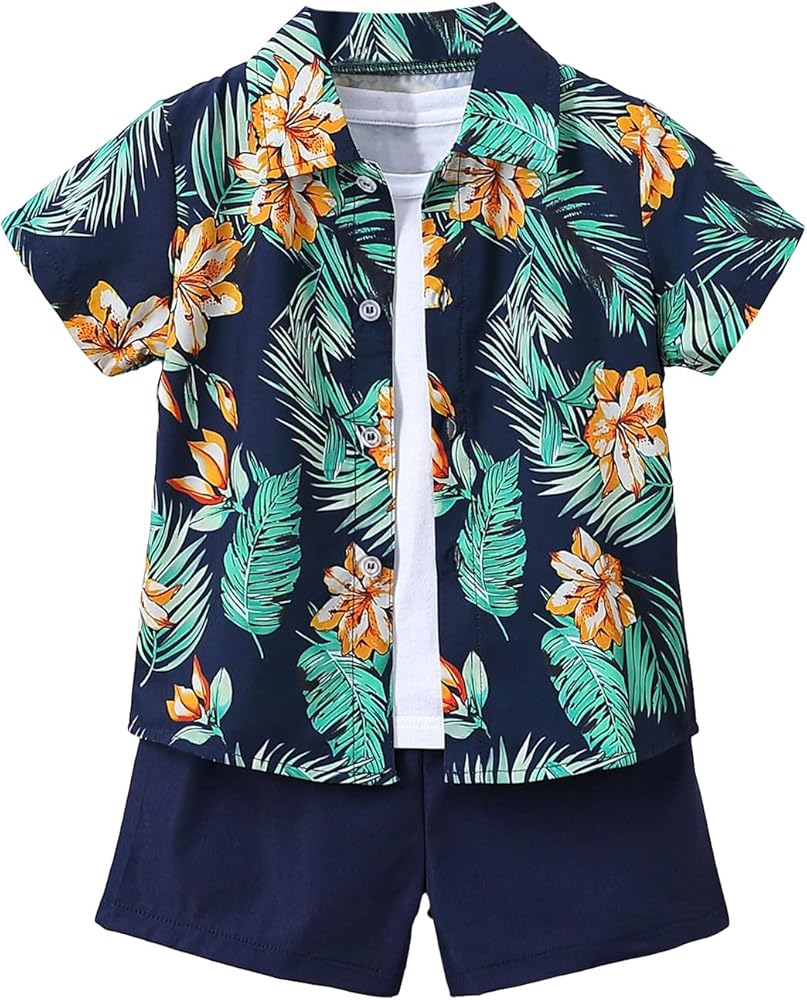 Boy's 2 Piece Tropical Print Short Sleeve Collar Neck Button Front Shirt and Shorts Sets