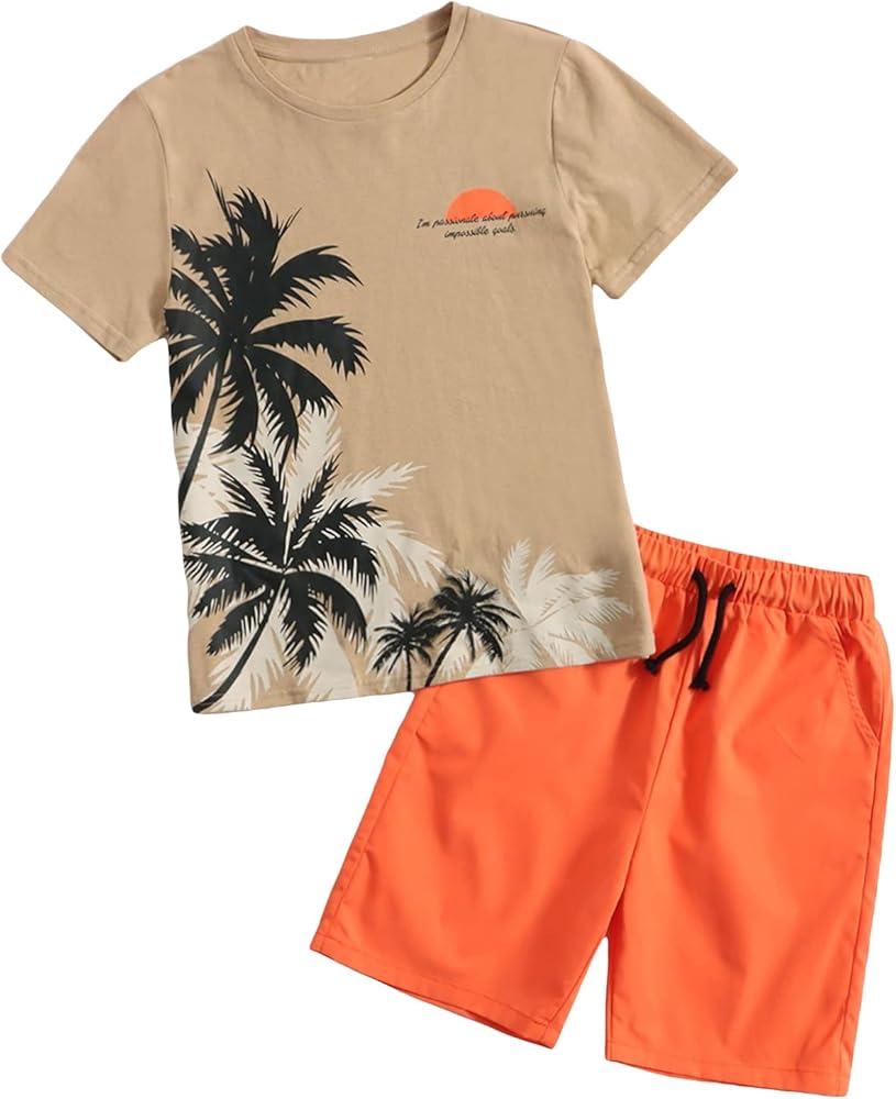 OYOANGLE Boy's 2 Piece Outfits Casual Graphic Short Sleeve Tee Shirt and Shorts Set