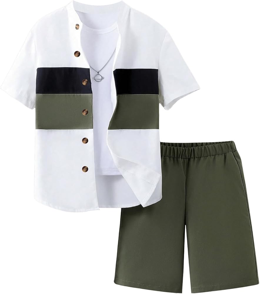 MakeMeChic Boy's 2 Piece Outfits Color Block Short Sleeve Button Down Shirts and Shorts Set