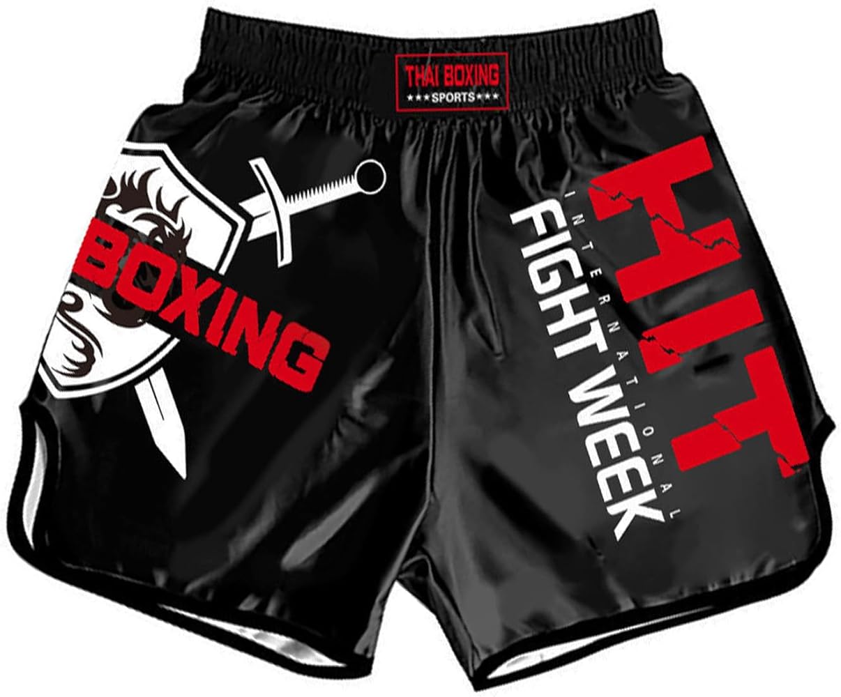 Kids Boys Muay Thai Shorts Boxing Kickboxing MMA Club Training Competitions Athletic Trunk (US, Alpha, Medium, Regular, HIT-Black)