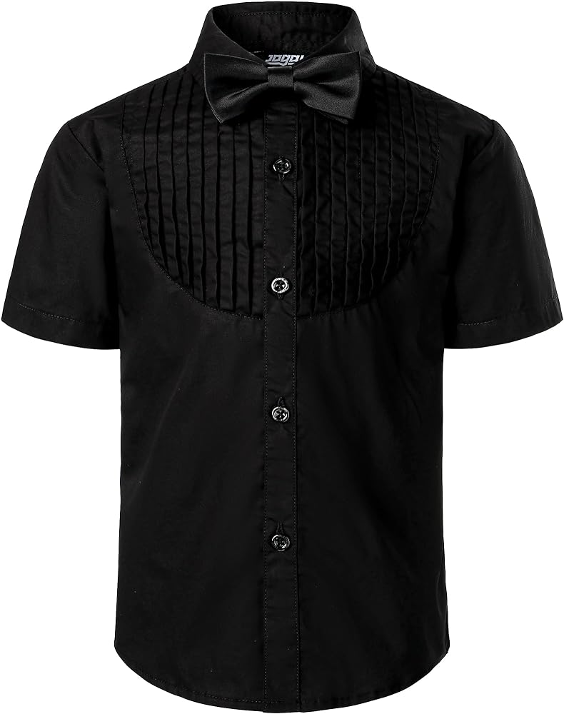 JOGAL Boys Short Sleeve Dress Shirts Kids Pleated Tuxedo Shirt with Bow Tie for 6-14 Years Old