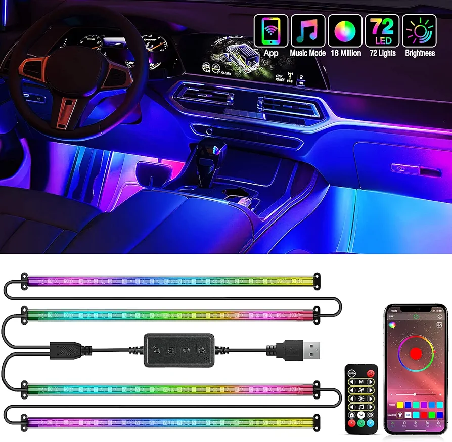 Nilight RGBIC 72 LED USB Interior Strip Lights DC 12V with App RF Remote Control Multicolor Under Car Dash Lighting 2 Lines Design Music Sync Mode for Cars Truck ATV UTV, 2 Years Warranty