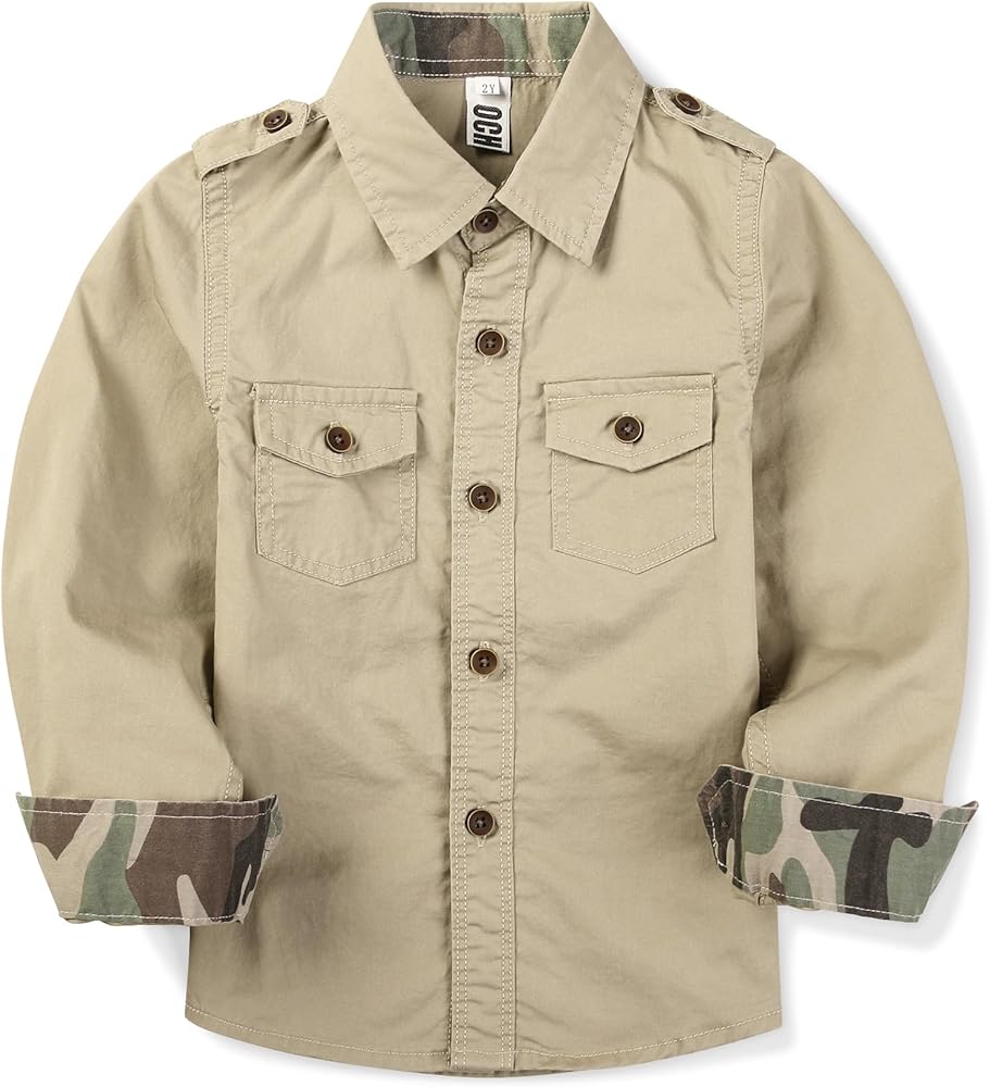 Toddler Little Boys Button Down Long Sleeve Shirt Uniform Army Scout Casual Fall Top with Pocket