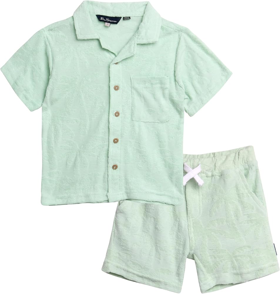 Ben Sherman Boys' Shorts Set - 2 Piece Cabana Terry Cloth Shorts and Button Down T-Shirt - Toddler Boy Summer Outfits (2T-7)